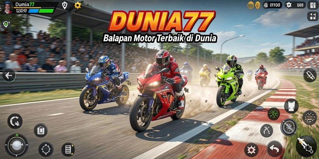 Screenshot DUNIA77 menampilkan adegan balap motor yang adrenalin.