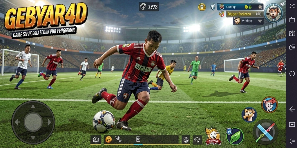 Tampilan gameplay GEBYAR4D yang menampilkan pertandingan sepak bola yang intens.