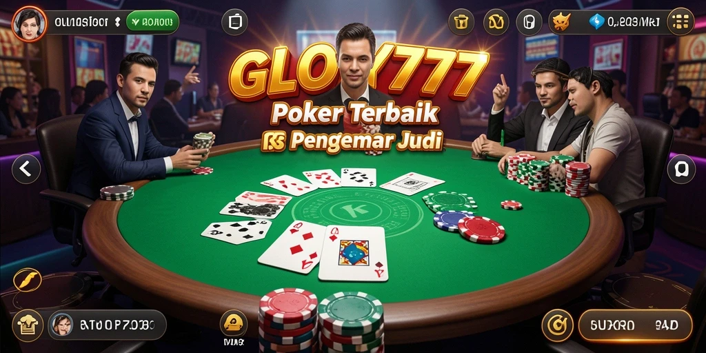 Screenshot gameplay GLORY777 menampilkan suasana permainan poker yang intens.