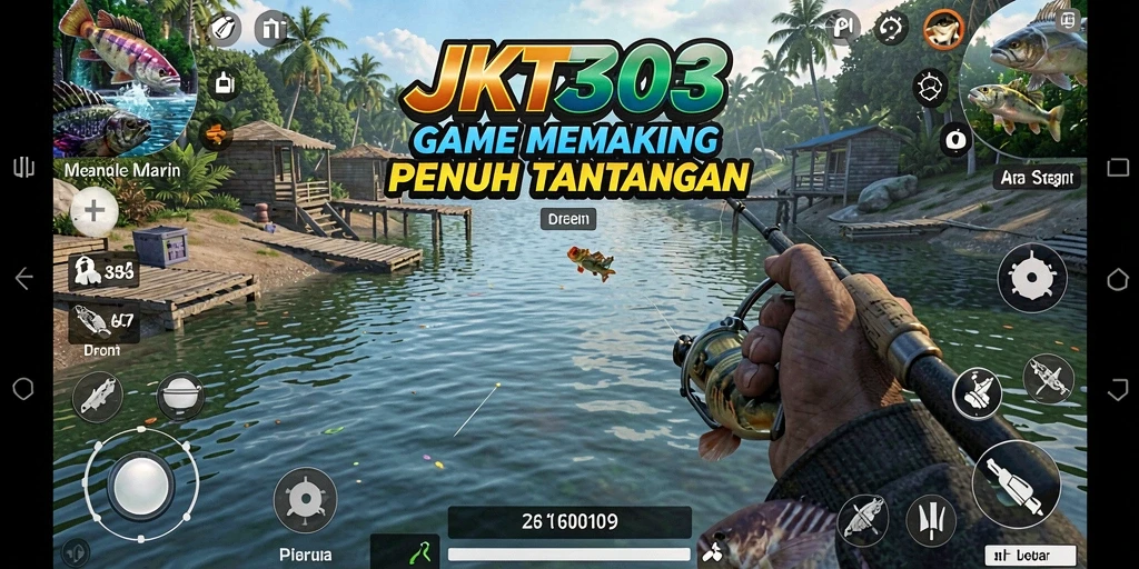 Screenshot utama JKT303 menunjukkan gameplay memancing yang seru.