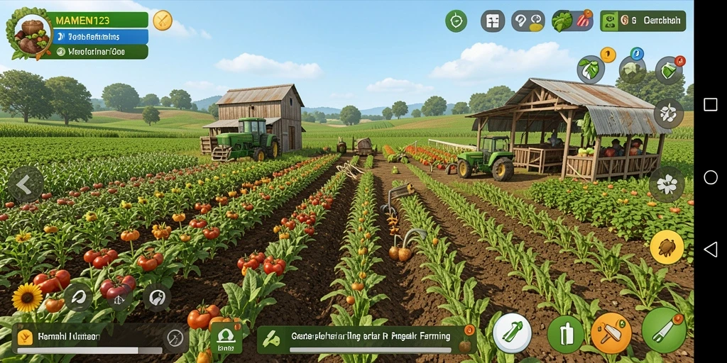 Tangkapan layar gameplay MAMEN123 menampilkan aktivitas bertani yang menyenangkan.