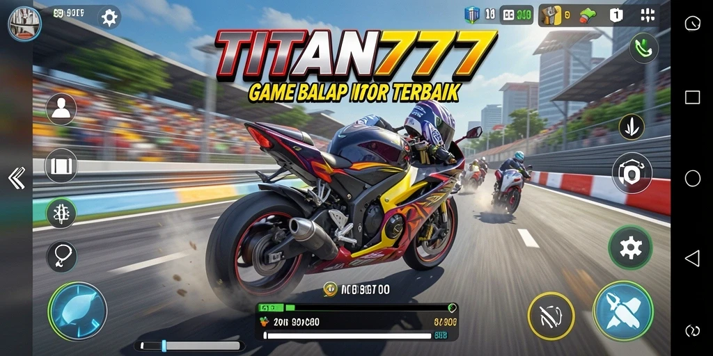 Screenshot gameplay TITAN777 menunjukkan aksi balap motor yang mendebarkan.