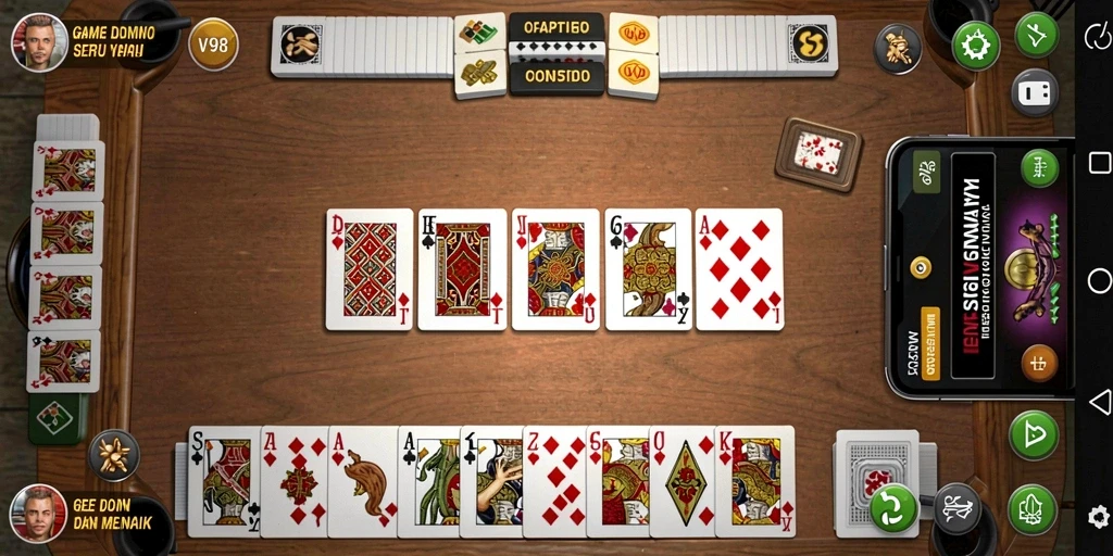 Tampilan gameplay seru dalam V98, dominasi permainan kartu.